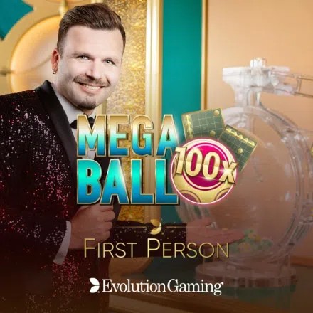 First Person Mega Ball online game logo by Evolution on kyngs-casino.pl